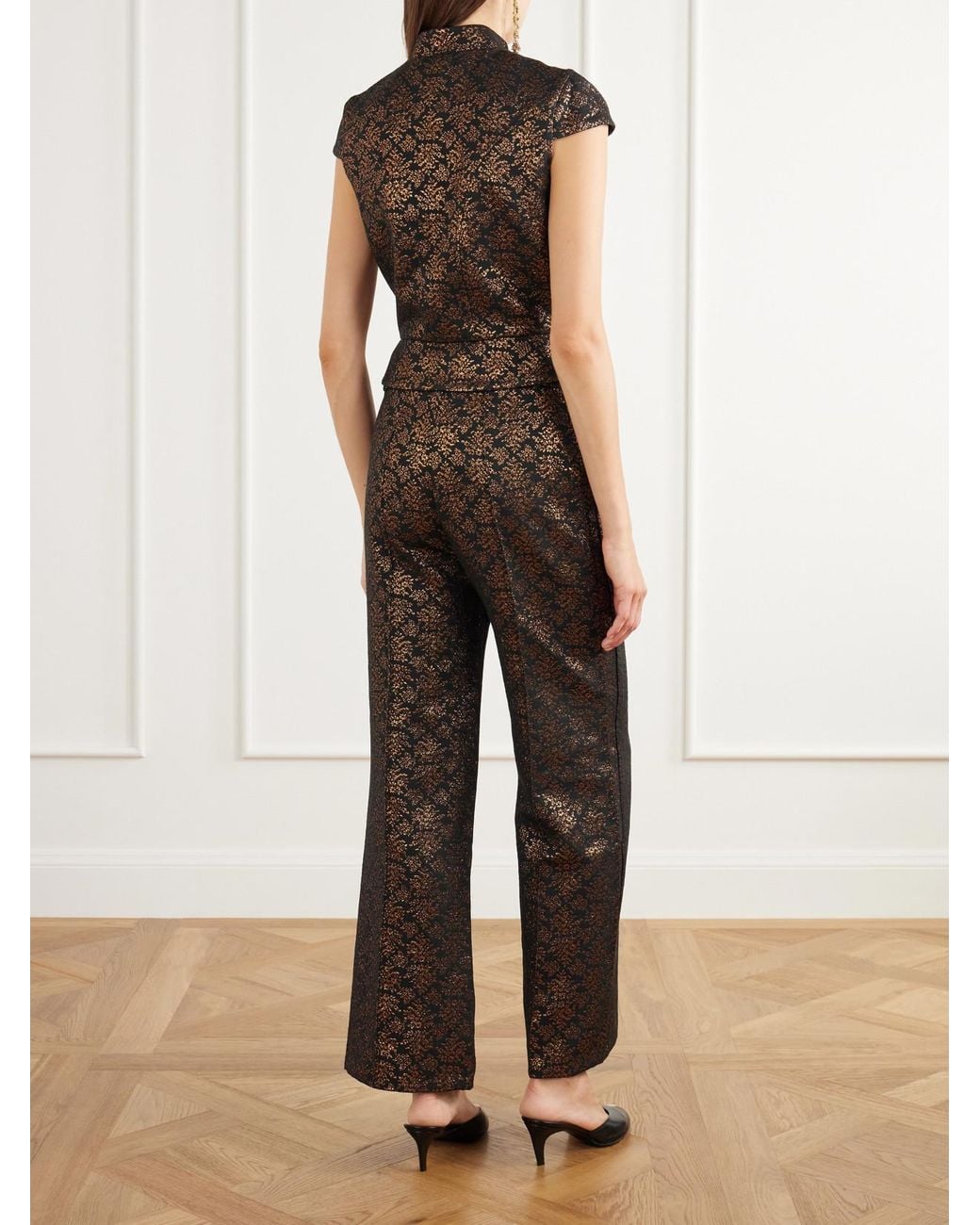 D'Estree Black Amoako Peplum Floral-Jacquard Brocade Blouse