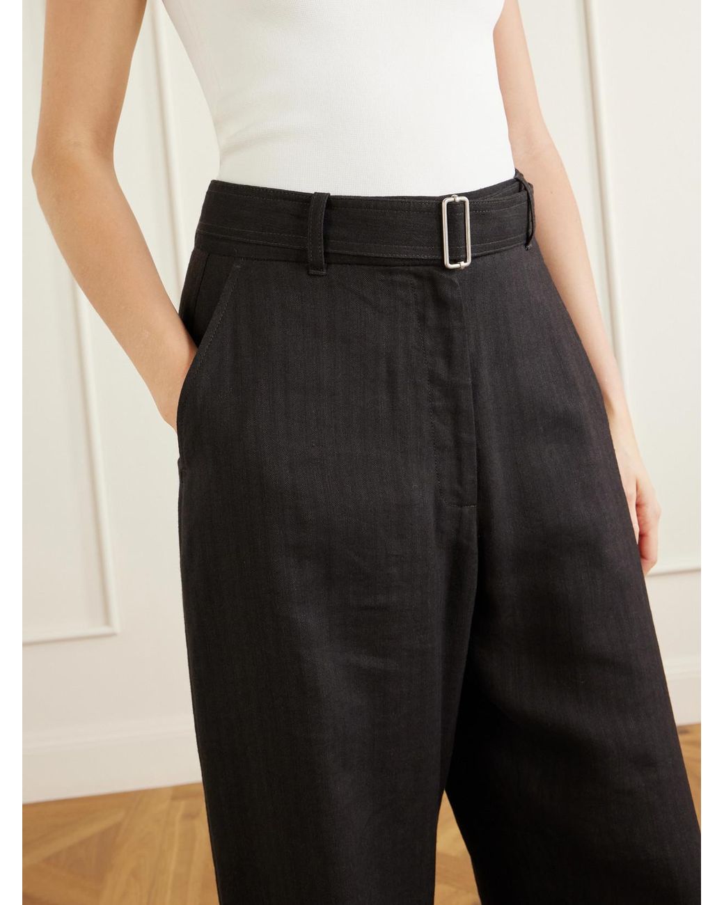 Studio Nicholson Black Chatto Belted Herringbone Cotton And Linen-Blend Wide-Leg Pants
