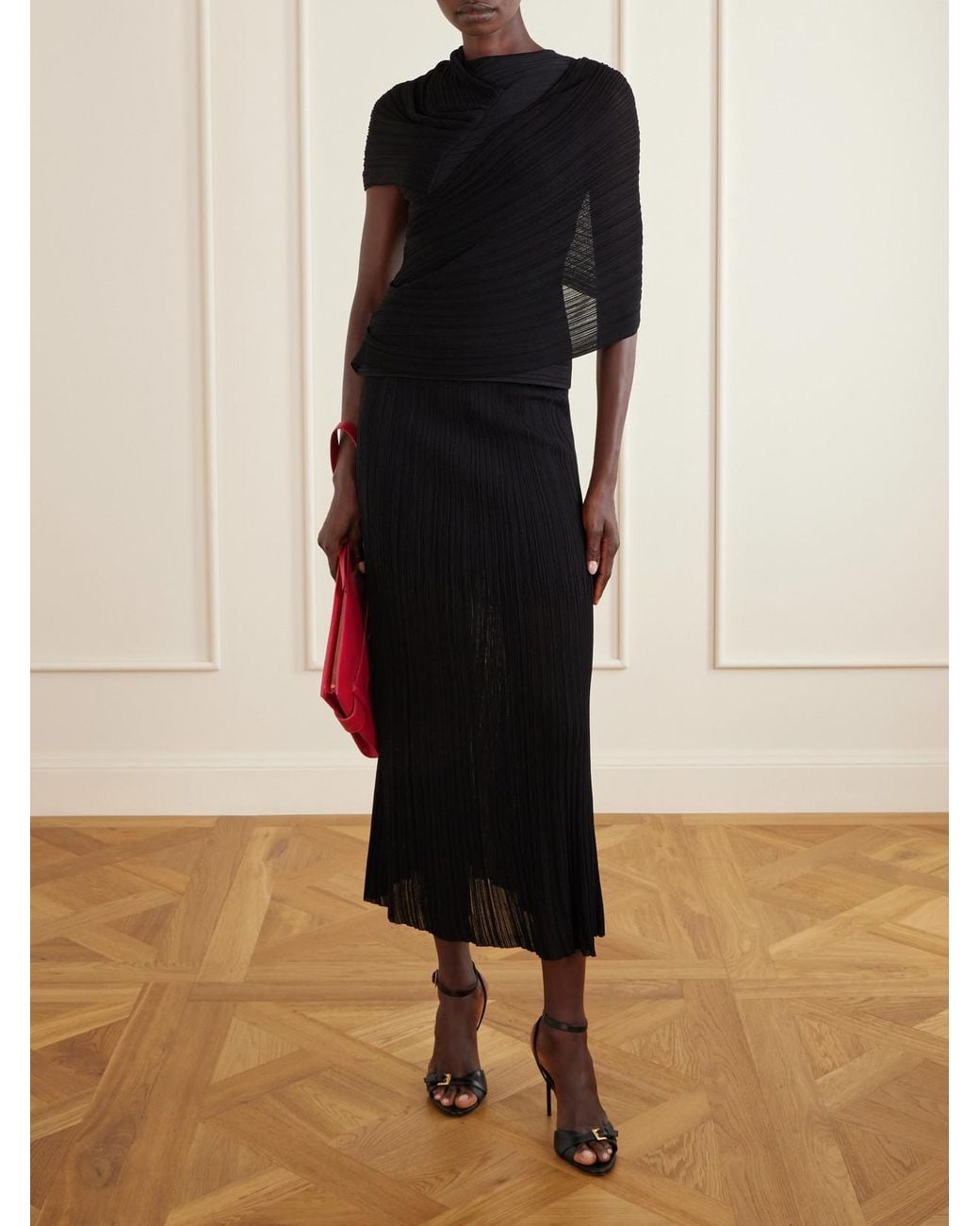 Balmain Black Plissé-Crepe Midi Skirt