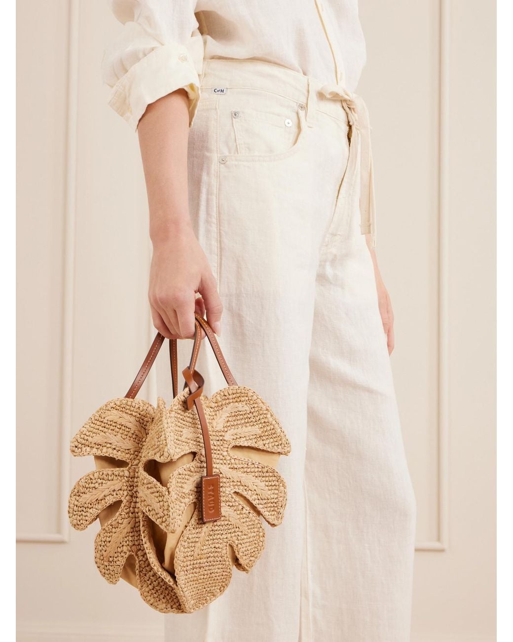 Staud Metallic Palm Leather-Trimmed Raffia Top Handle Bag