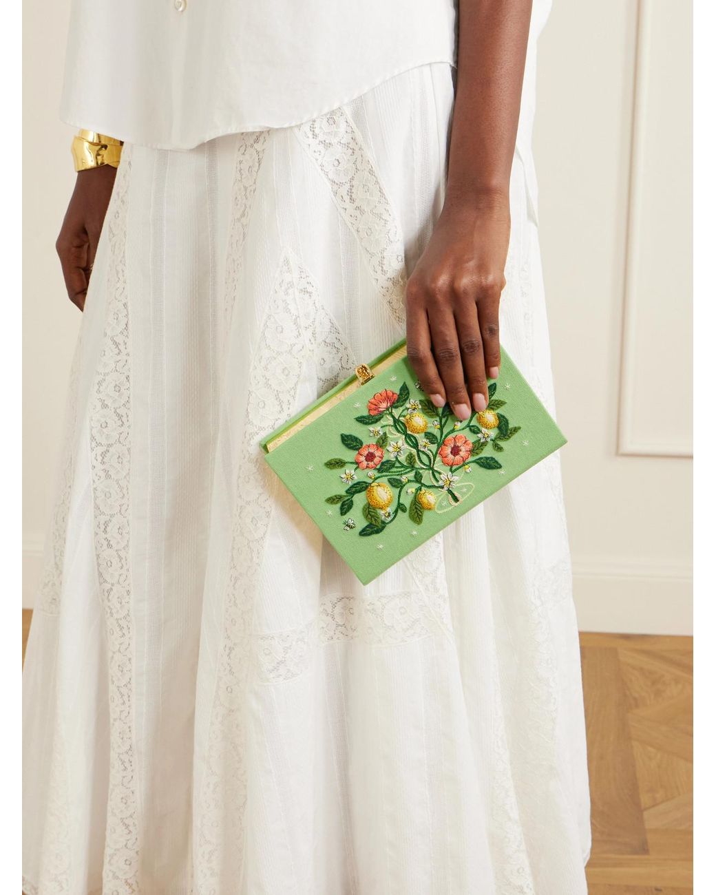 Olympia Le-Tan Green Botanical Chic Appliquéd Embroidered Canvas Clutch