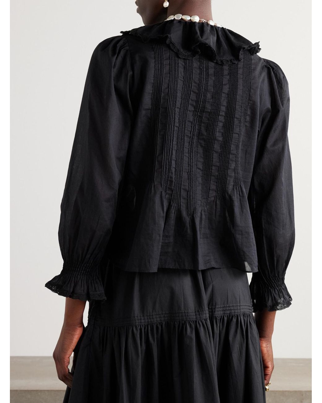Doen Black Hardy Lace-Trimmed Ruffled Pintucked Organic Cotton-Voile Blouse