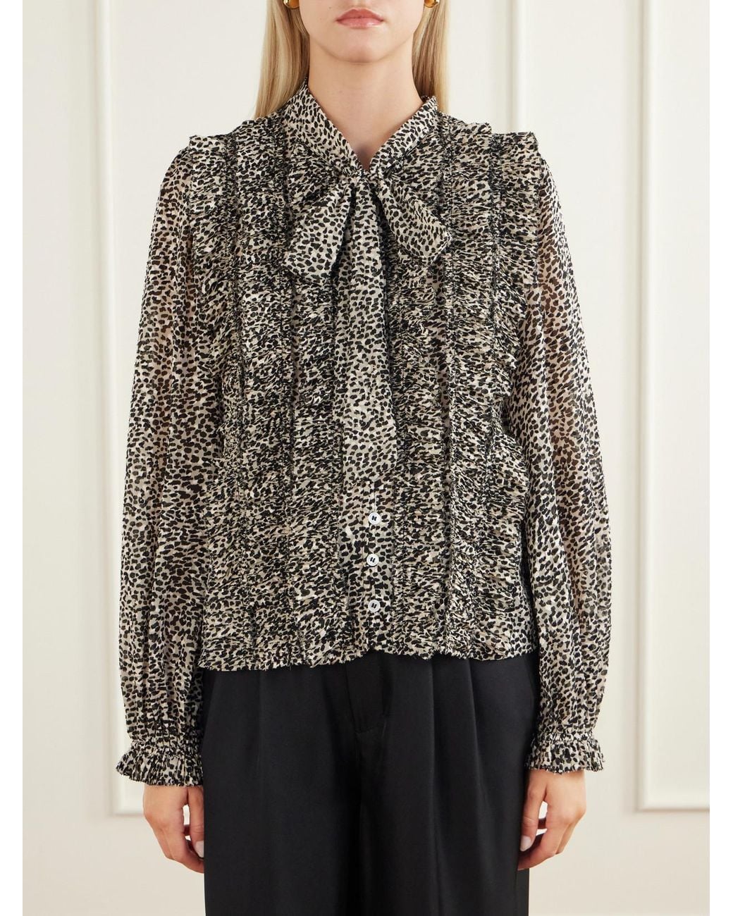 Sea Black Charlize Tie-Detailed Ruffled Animal-Print Chiffon Blouse