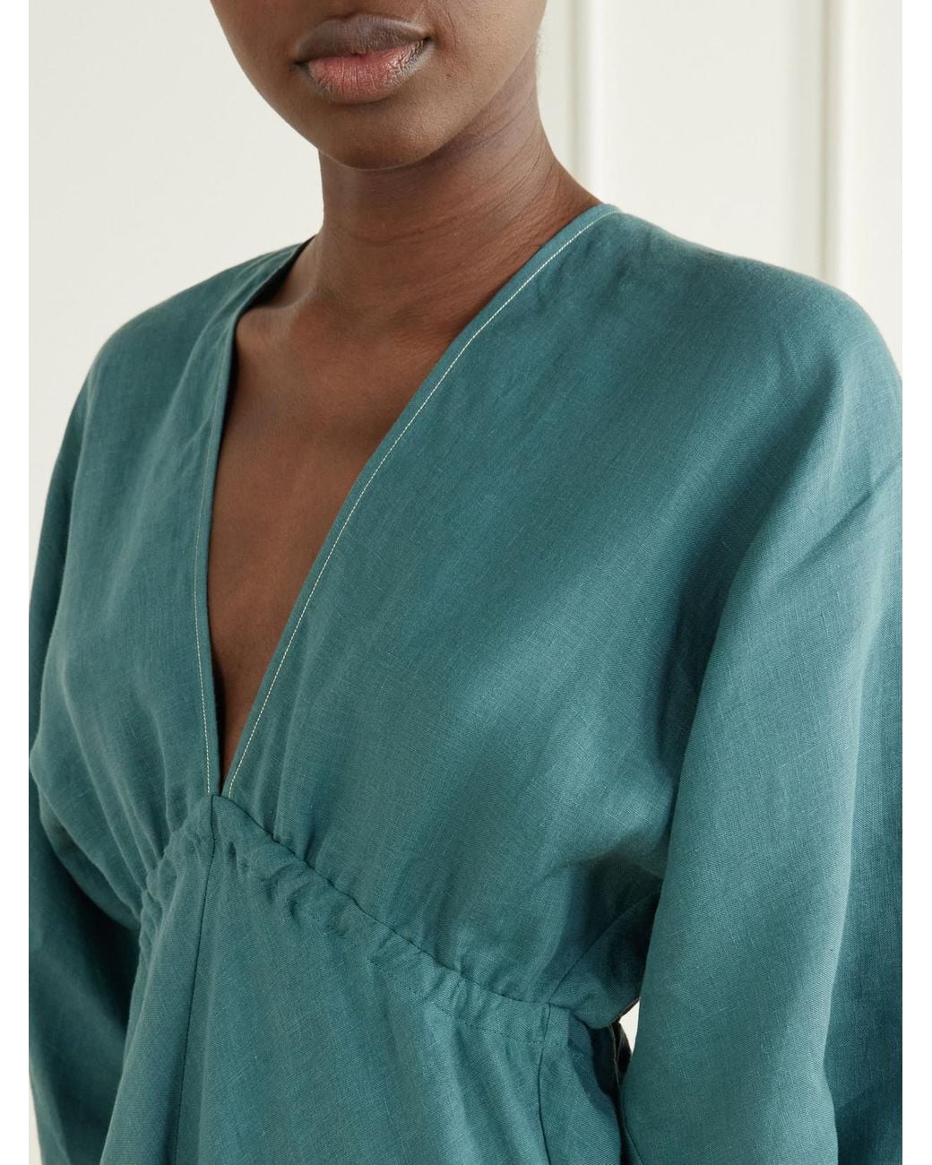 Eres Green Brilliance Gathered Linen Midi Dress