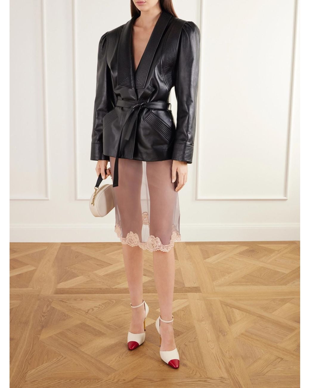 Valentino Garavani Black Pleated Belted Leather Jacket