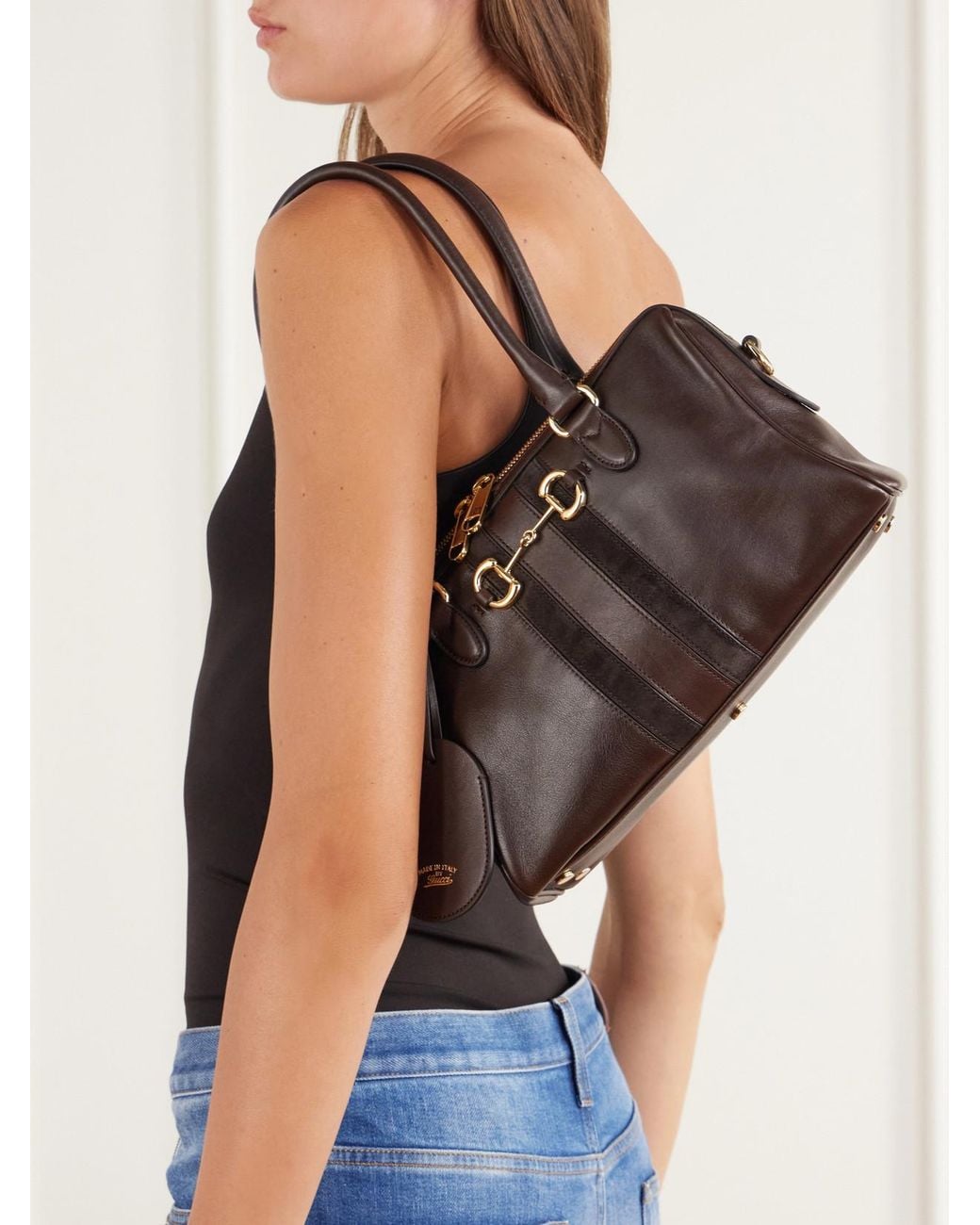 Gucci White Borsetto Suede-Trimmed Leather Shoulder Bag