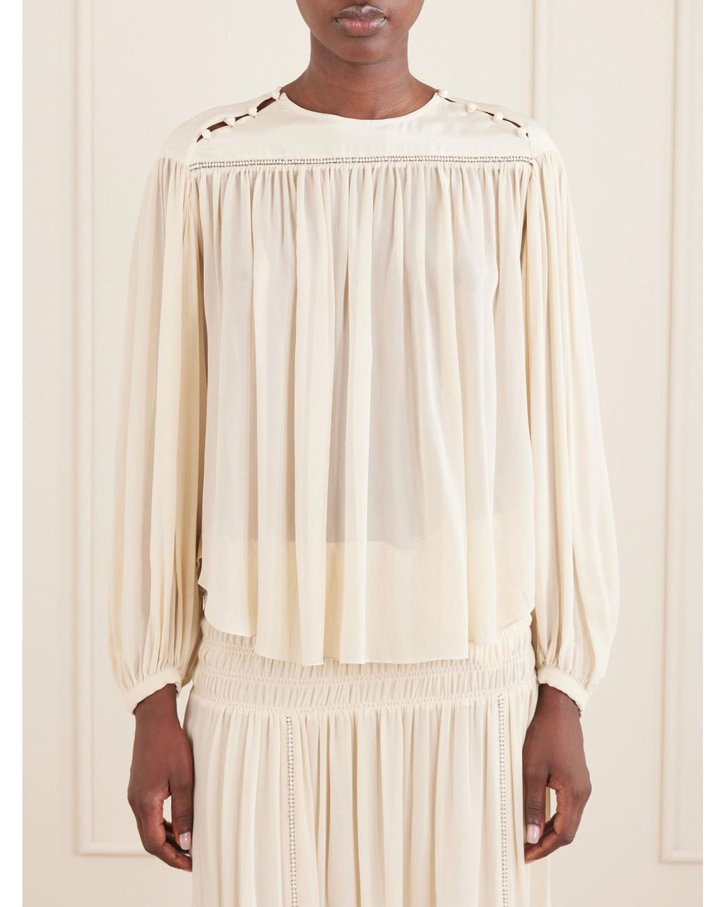 Isabel Marant Natural Nuna Embellished Gathered Silk Blouse
