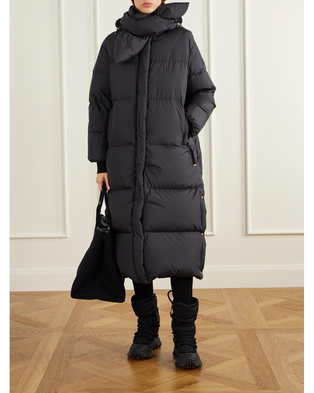 Moncler Blue Ornement Quilted Scarf-Detailed Rib-Trimmed Shell Down Coat