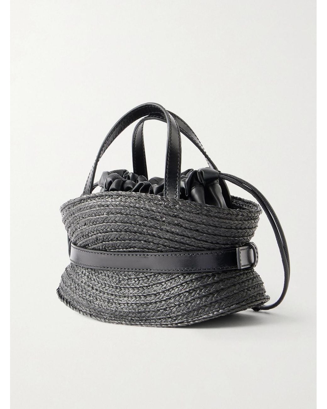 Balmain Black Shuffle Mini Buckled Leather-Trimmed Raffia Shoulder Bag