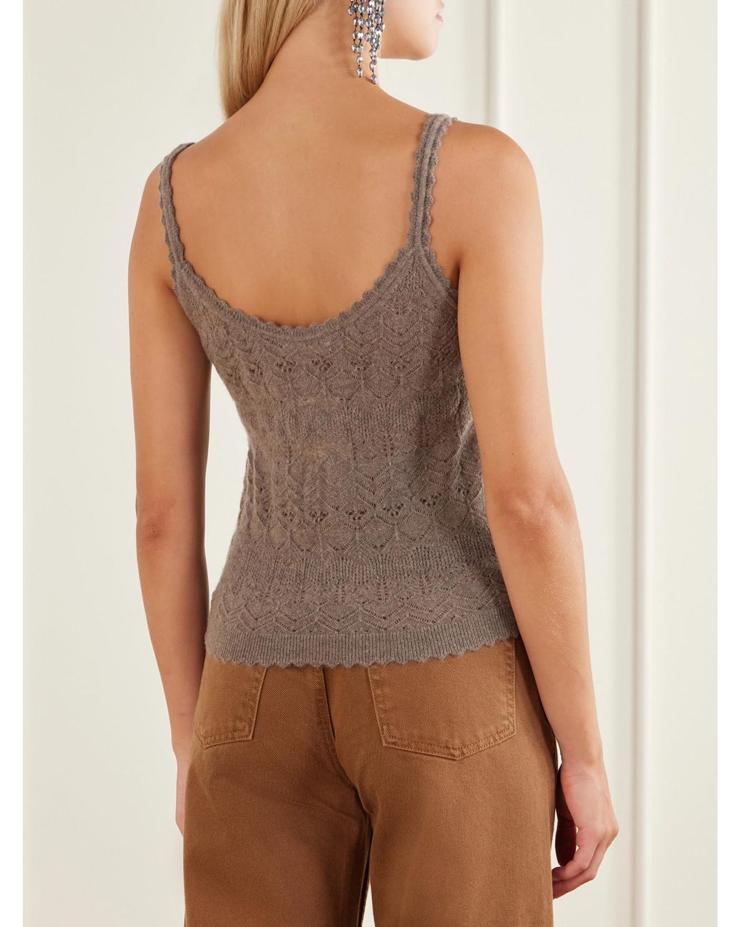 Ulla Johnson Brown Brielle Scalloped Pointelle-Knit Cashmere Tank
