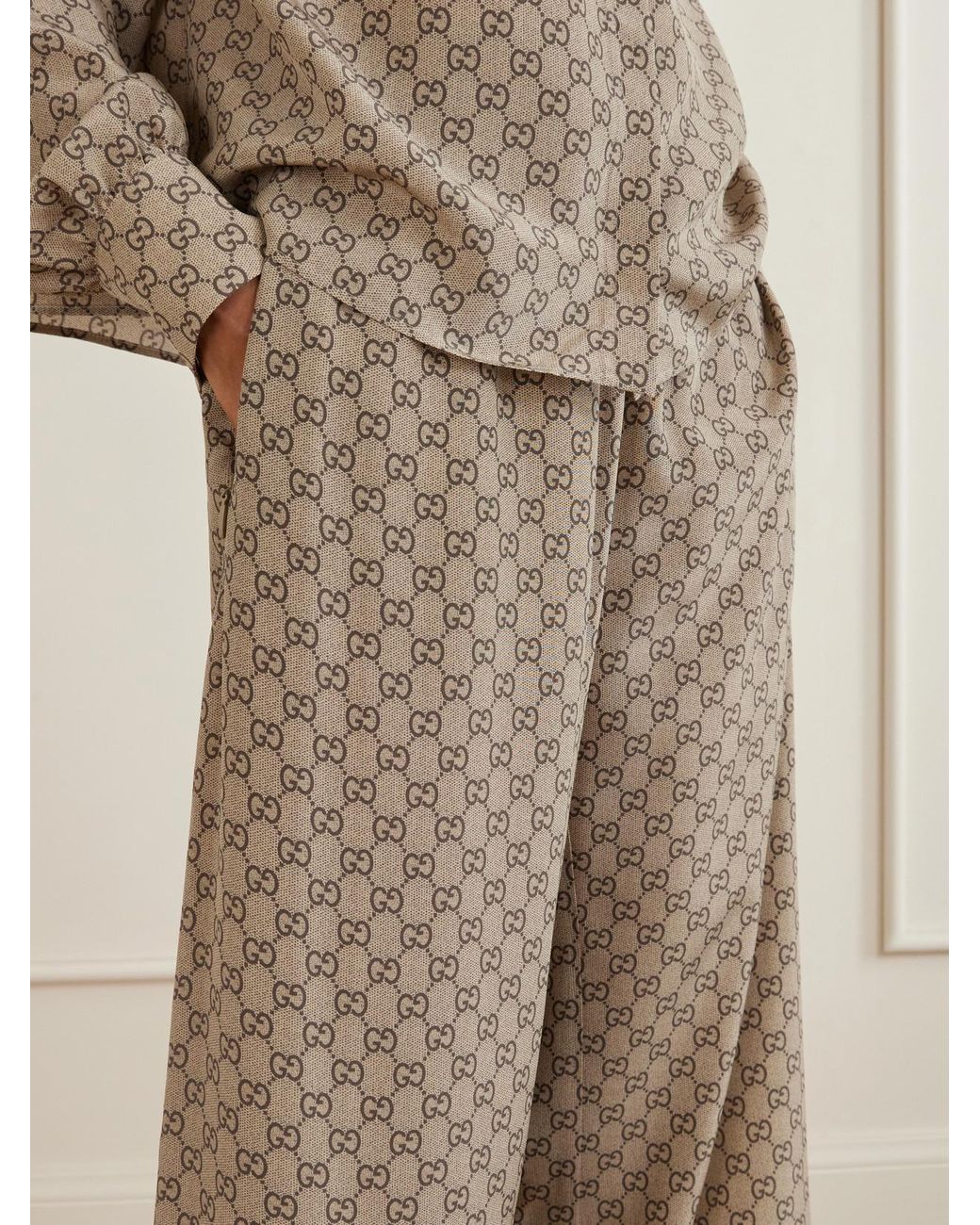 Gucci Natural Gg Supreme Printed Silk Wide-Leg Pants