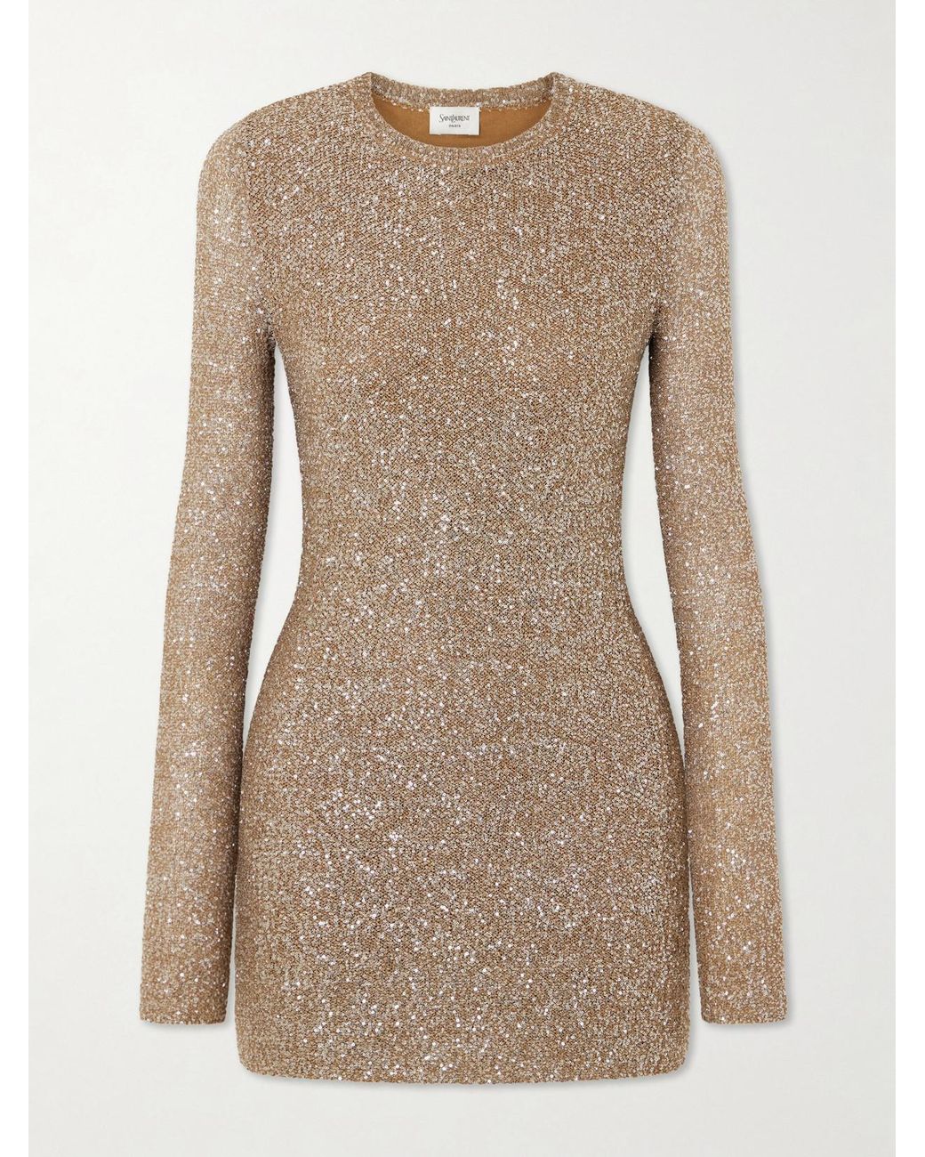 Saint Laurent Natural Sequined Knitted Mini Dress