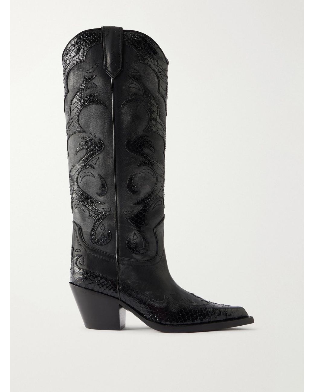 Paris Texas Black Tucson 60 Embroidered Snake-Effect Trimmed Leather Knee Boots