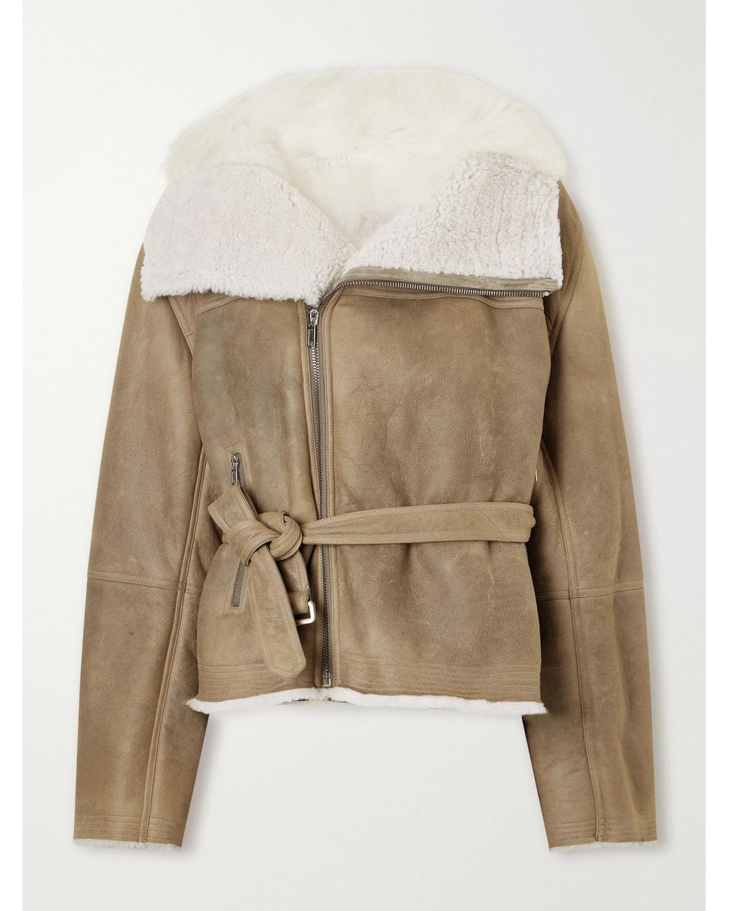 Rick Owens Natural Belted Shearling-Trimmed Suede Jacket