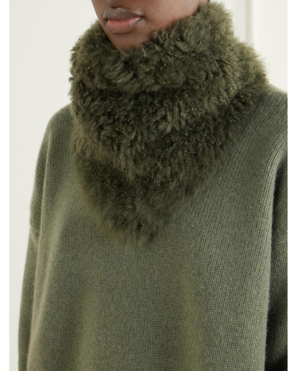 Yves Salomon Green Shearling And Wool Scarf