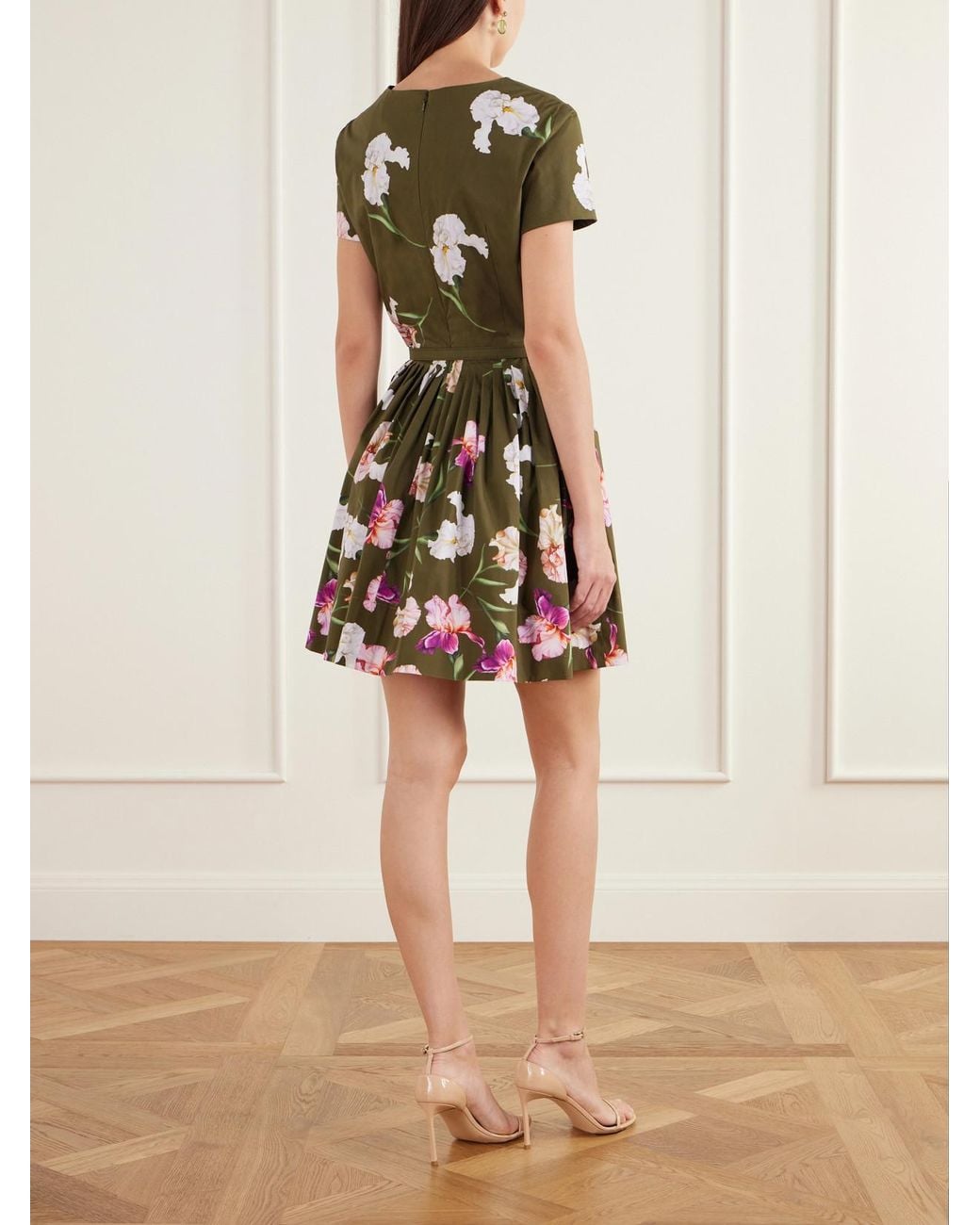 Oscar de la Renta Green Iris Belted Draped Floral-Print Cotton-Blend Poplin Mini Dress