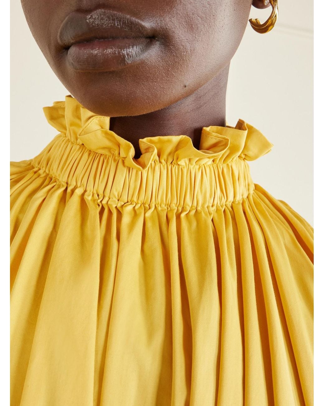 Marta Ferri Yellow Camogli Belted Ruched Grosgrain-Trimmed Cotton-Poplin Halterneck Midi Dress