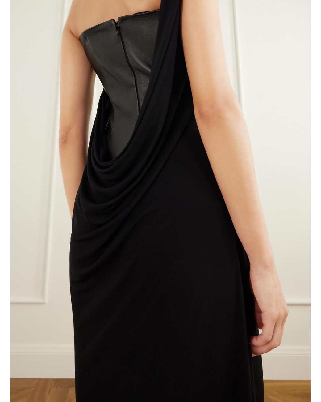 Alex Perry Black Asymmetric Leather And Jersey Gown