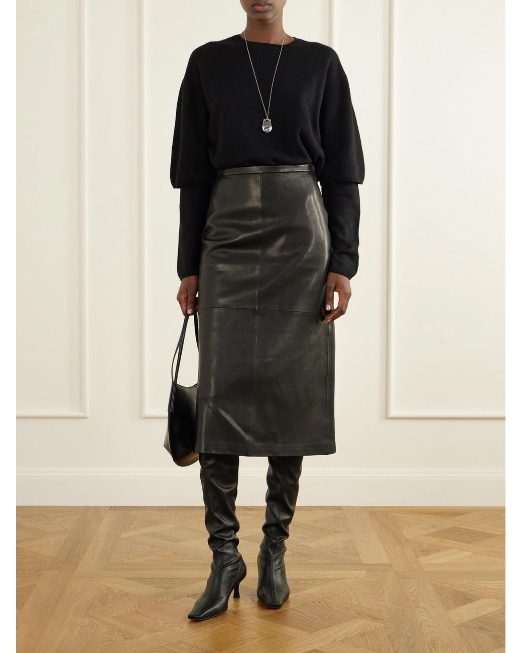 Nour Hammour Black Alana Paneled Leather Midi Skirt