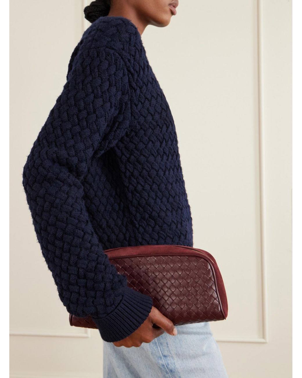 Bottega Veneta Purple Nodo Small Intrecciato Suede-Trimmed Leather Pouch