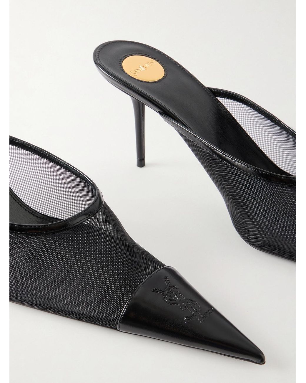 Saint Laurent White Renée Cassandre-Embroidered Patent Leather-Trimmed Mesh Mules