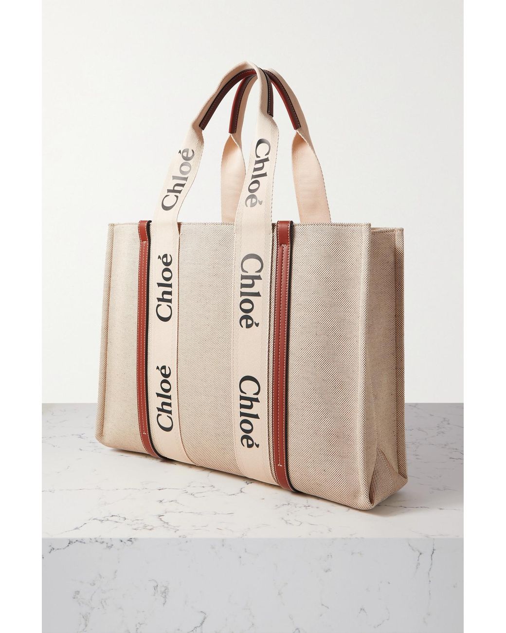Chloé Woody Large Leather-trimmed Cotton-canvas Tote in White 