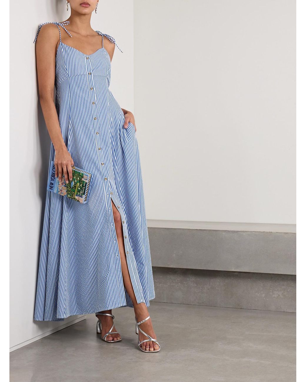 Rosie Assoulin Blue High Garden Pleated Striped Poplin Maxi Dress