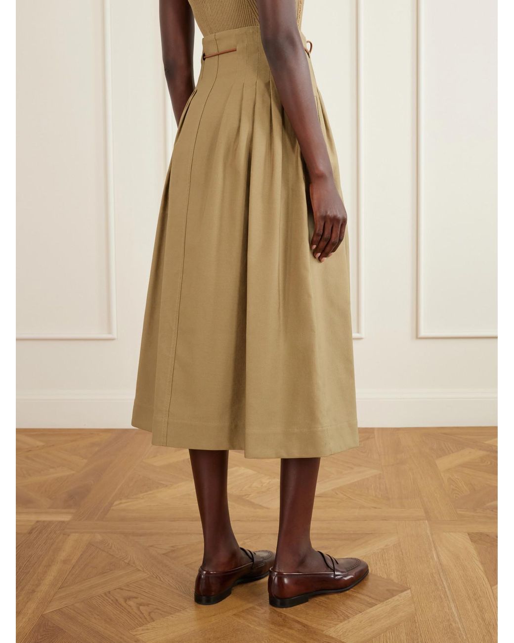 Max Mara Natural Tempio Belted Pleated Leather-Trimmed Cotton Midi Skirt