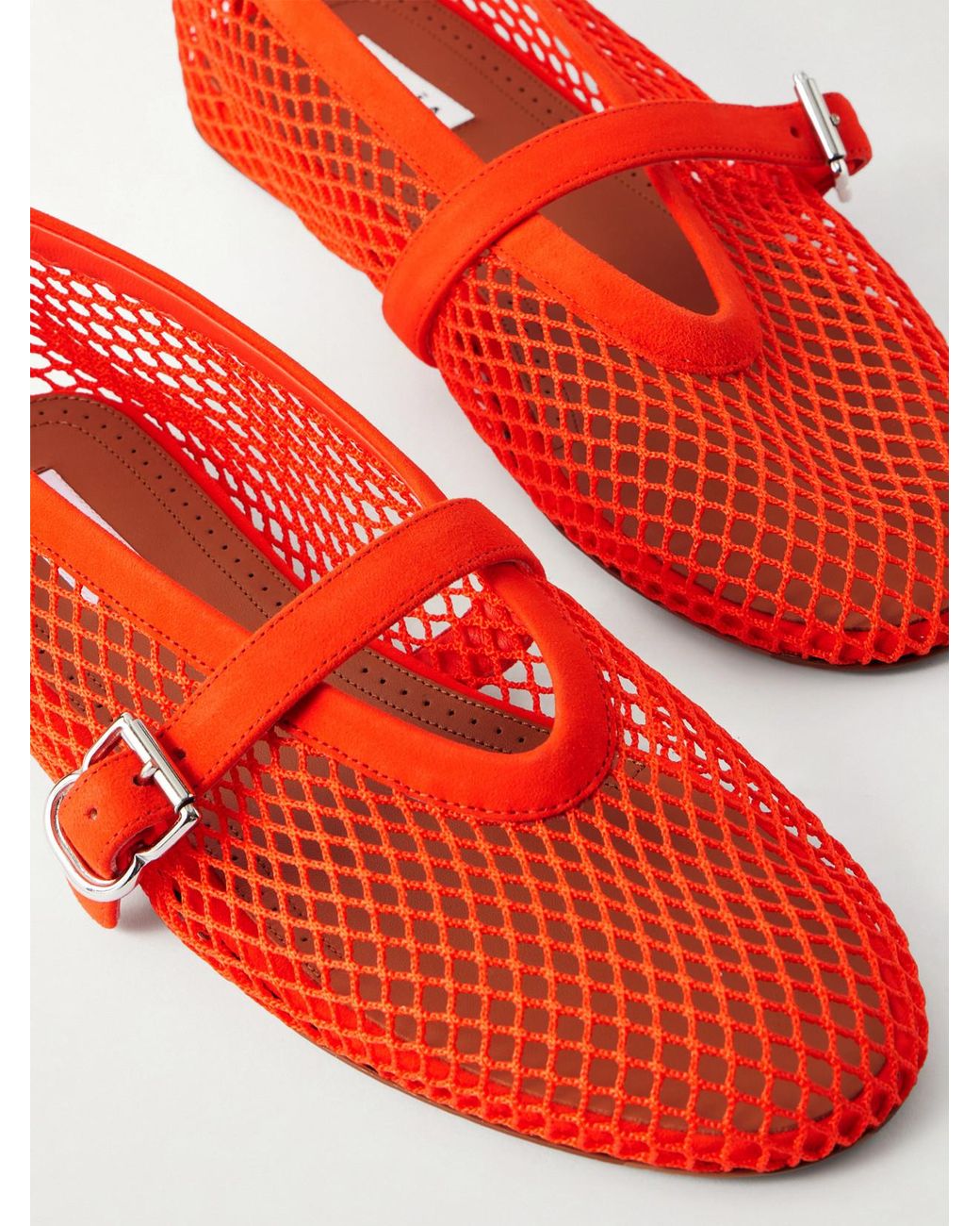 Alaïa Red Suede-Trimmed Mesh Ballet Flats