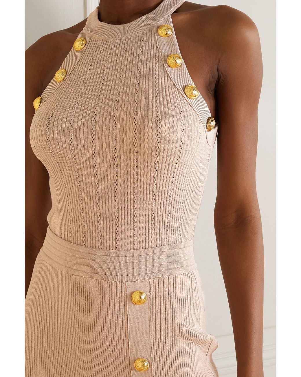 Balmain Button-embellished Ribbed-knit Tank in Natural | Lyst
