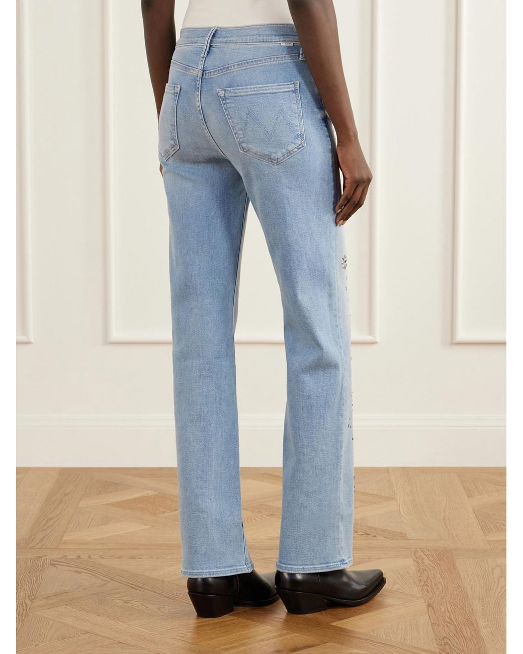 Mother Blue The Kick It Embellished Stretch High-Rise Straight-Leg Jeans