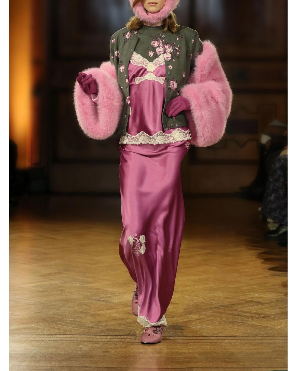 Anna Sui Pink Lace-Trimmed Embroidered Satin Maxi Skirt