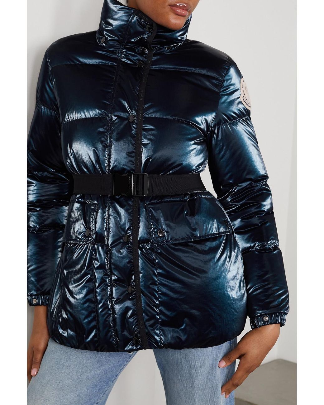 Moncler Blue Herault Hooded Quilted Padded Glossed-Shell Down Coat