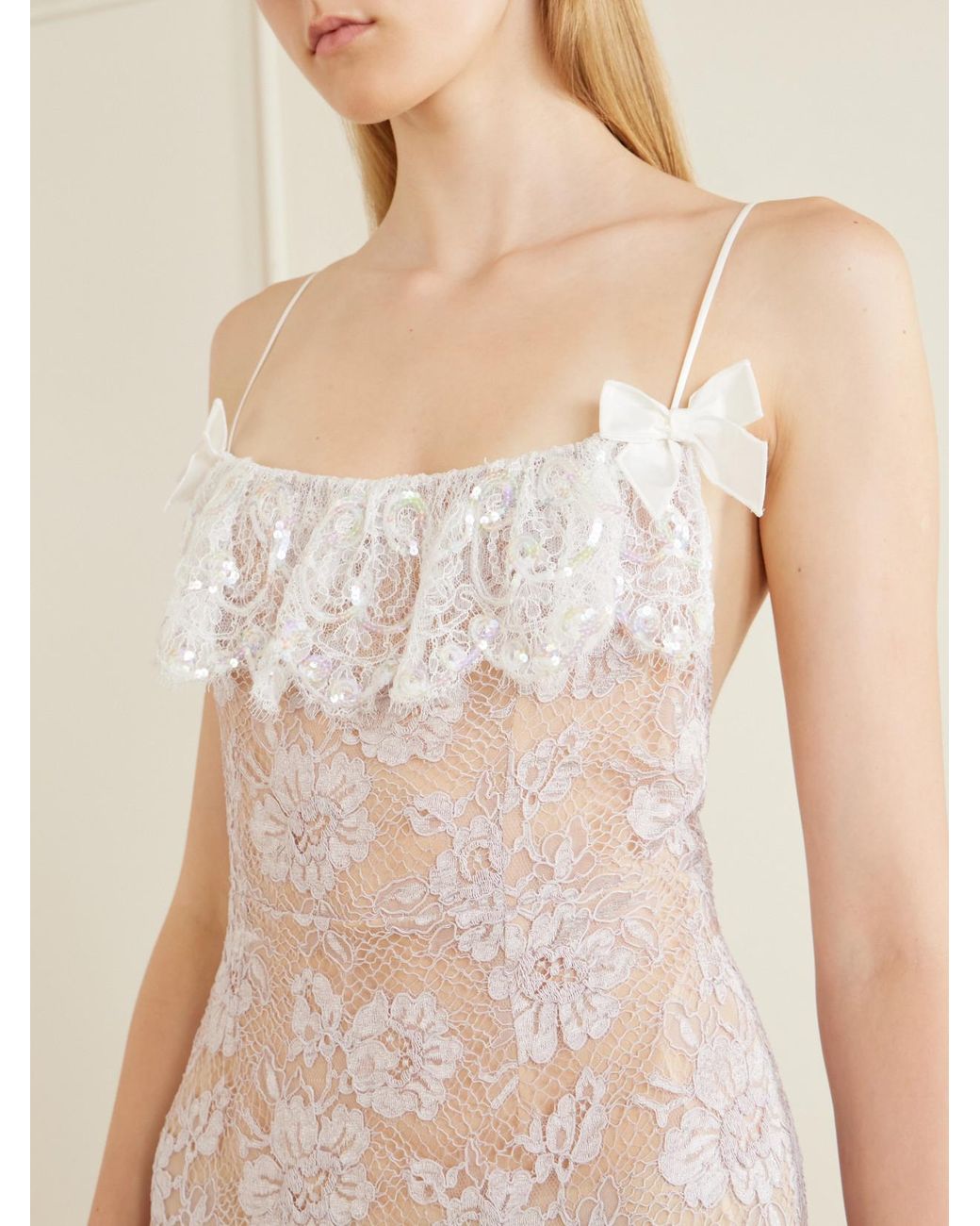 Alessandra Rich White Bow-Detail Lace And Sequins-Embroidered Gown