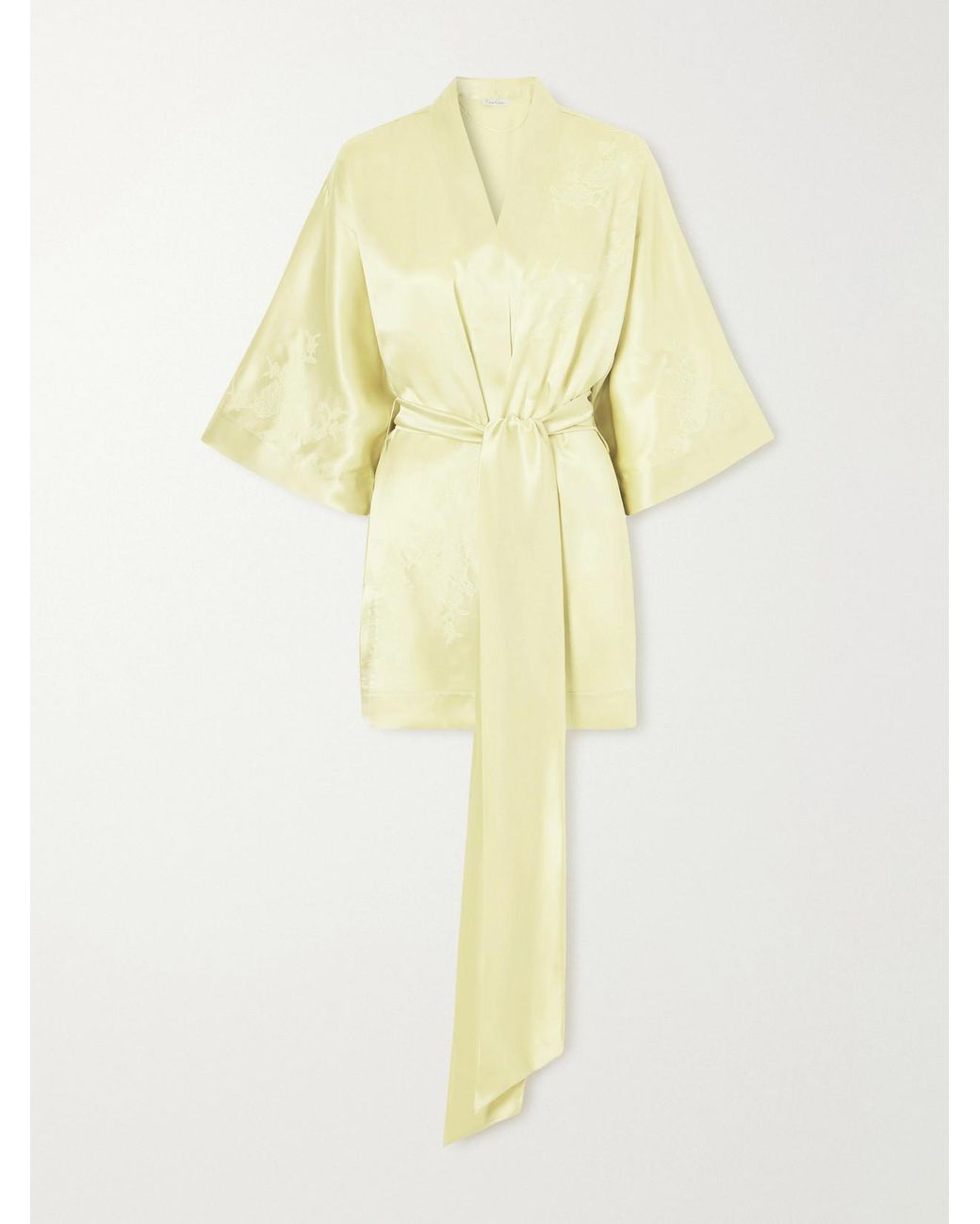 Carine Gilson Yellow Belted Embroidered Silk-Satin Kimono