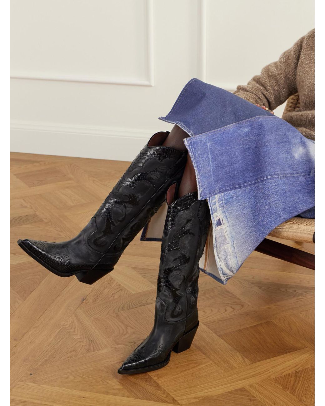 Paris Texas Black Tucson 60 Embroidered Snake-Effect Trimmed Leather Knee Boots
