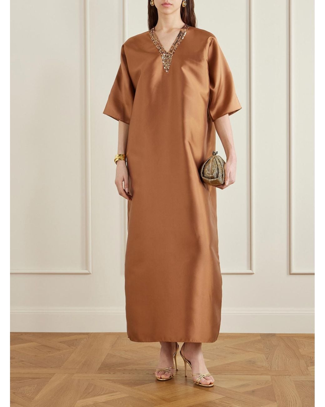 Sequin-Detailed Mikado Kaftan Dima Ayad en coloris Brown