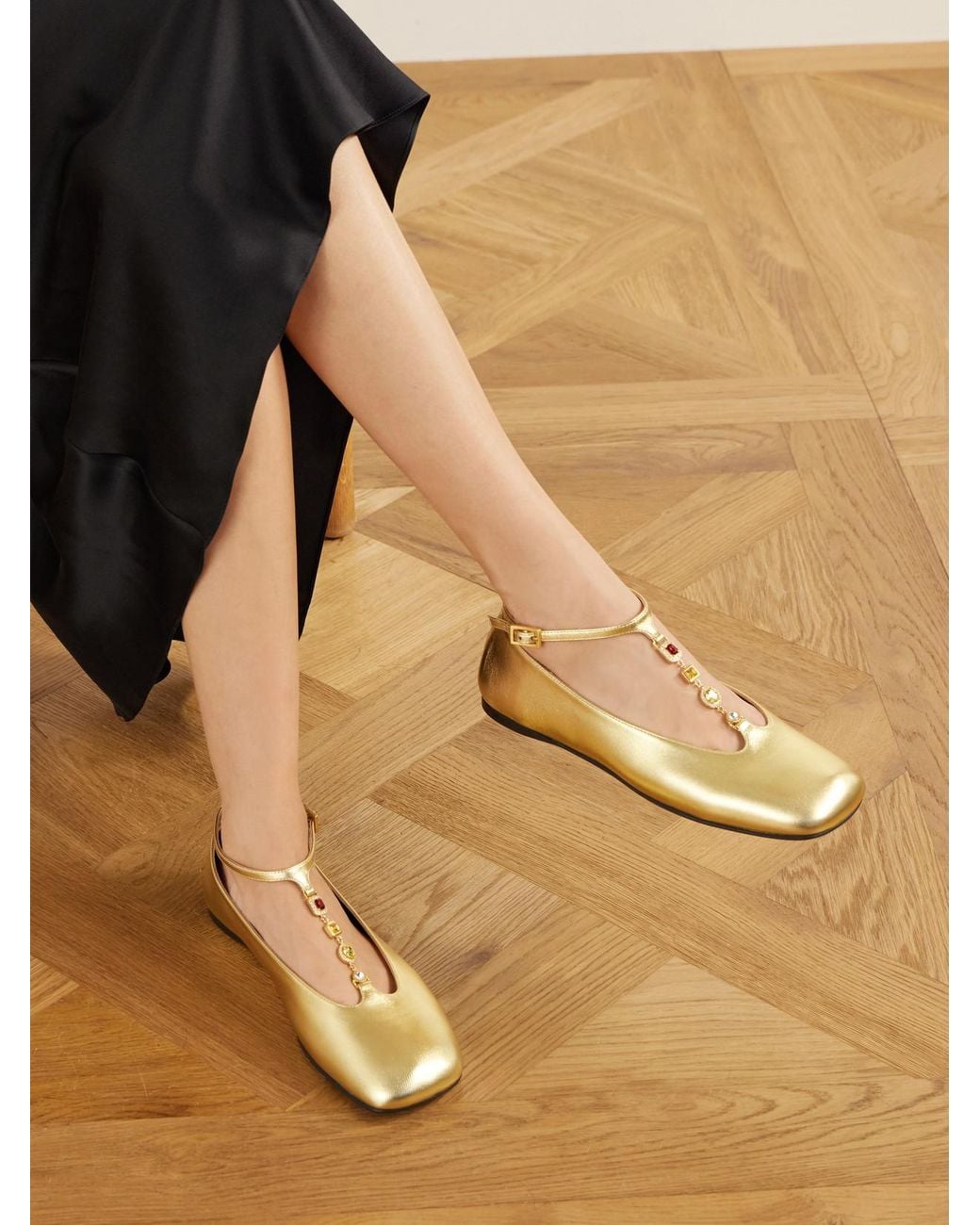 NODALETO Natural Bulla Ruby Embellished Metallic Leather Ballet Flats