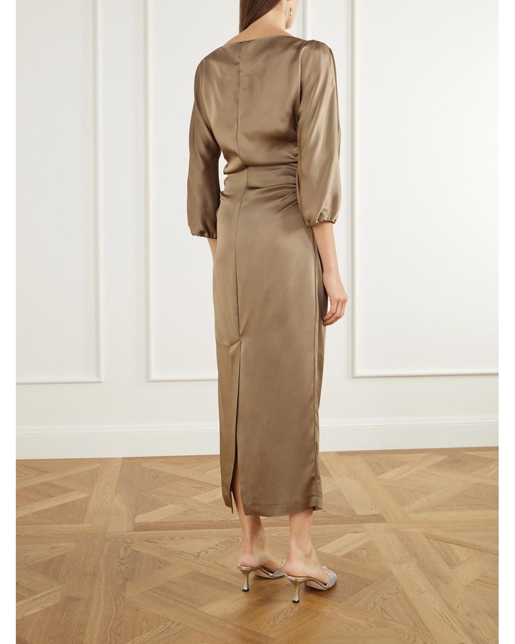 BERNADETTE Natural Ezra Ruched Satin Midi Dress