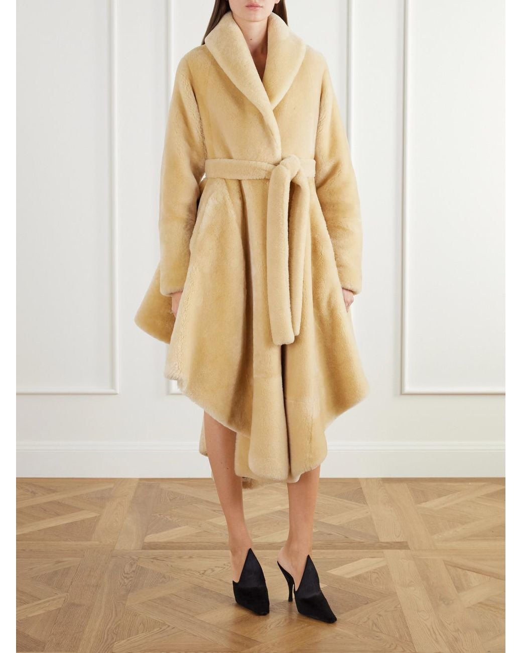Alaïa Natural Asymmetric Belted Flared Shearling Coat