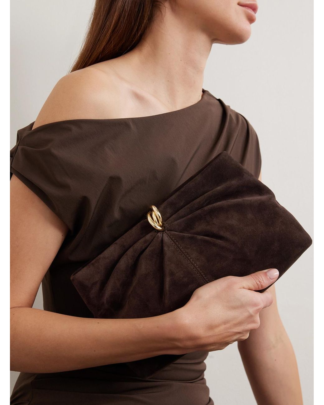 Loeffler Randall Brown Corrine Gathered Suede Clutch
