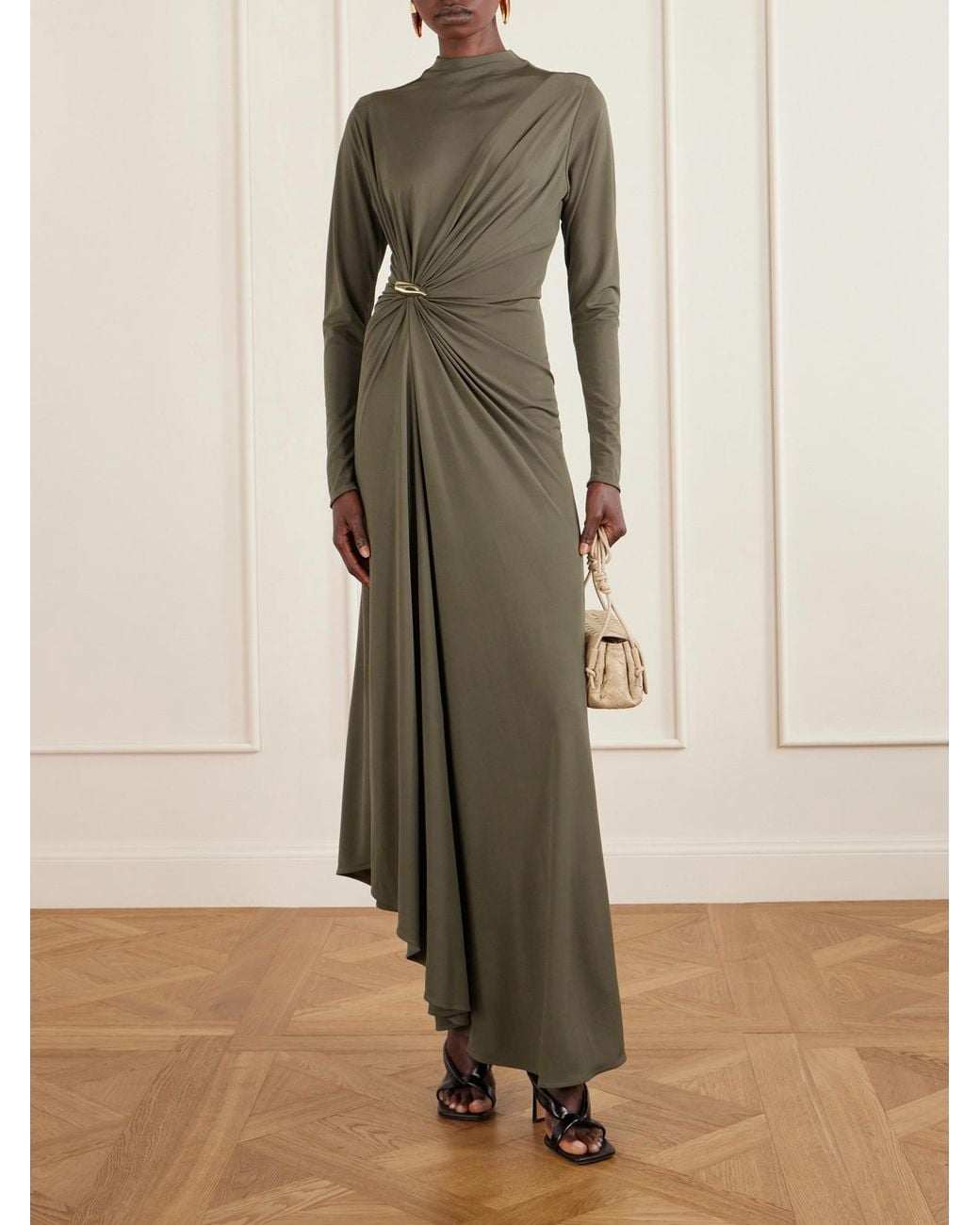 Bottega Veneta Green Asymmetric Embellished Gathered Jersey Maxi Dress