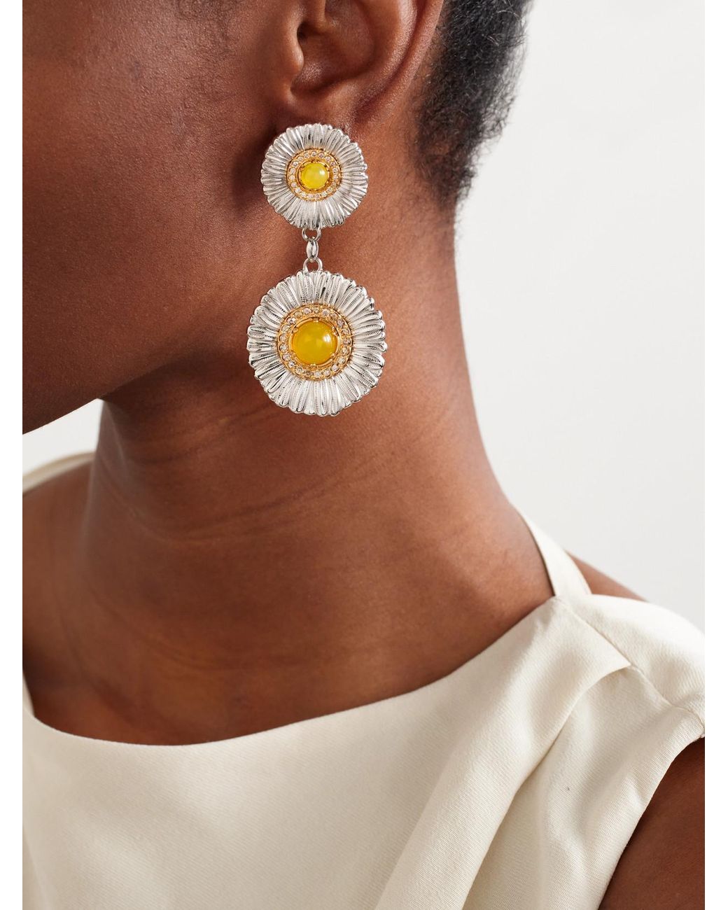 Buccellati Metallic Daisy-Plated Sterling, Agate And Diamond Earrings