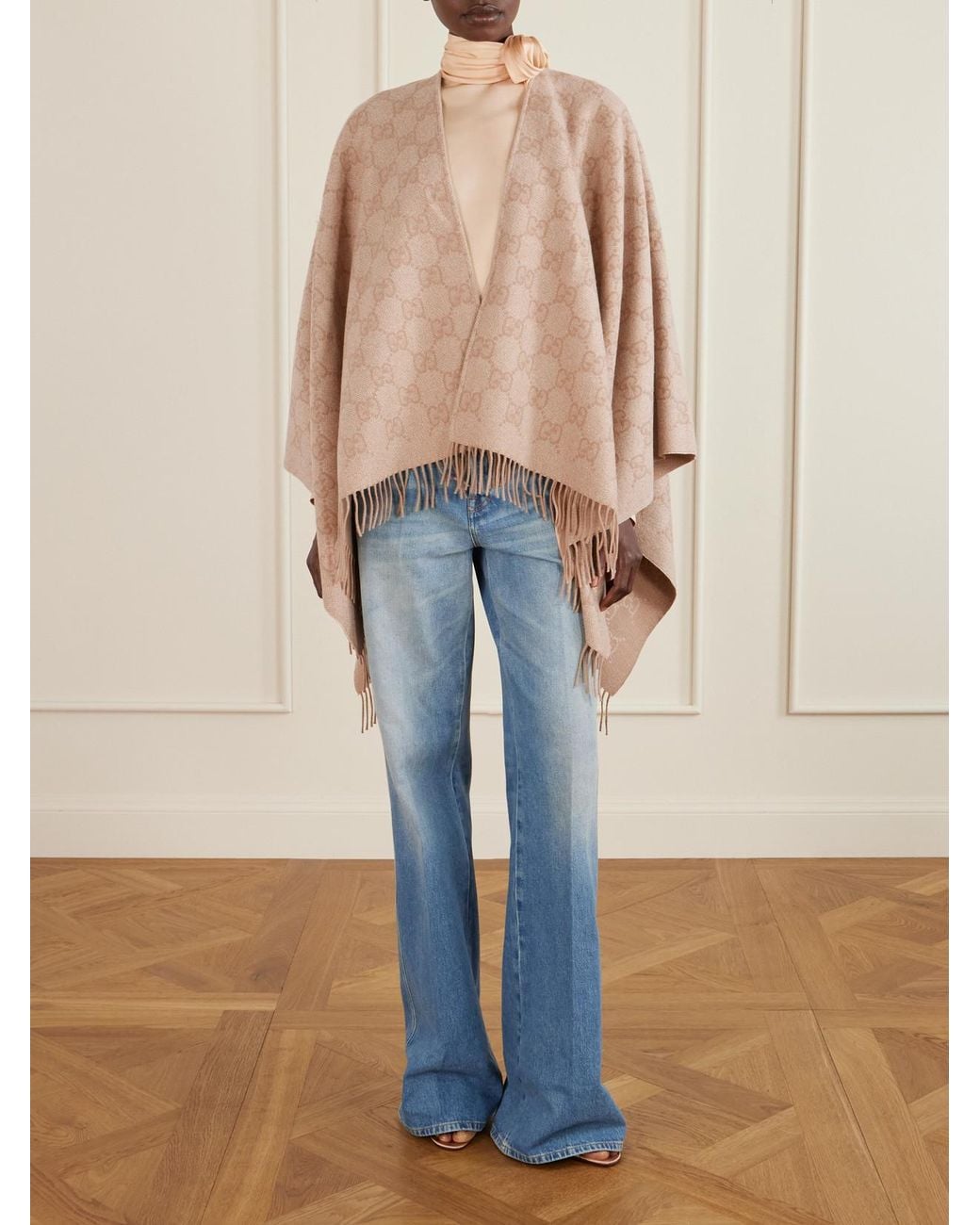 Gucci Natural Fringed Logo-Jacquard Metallic Cashmere-Blend Wrap