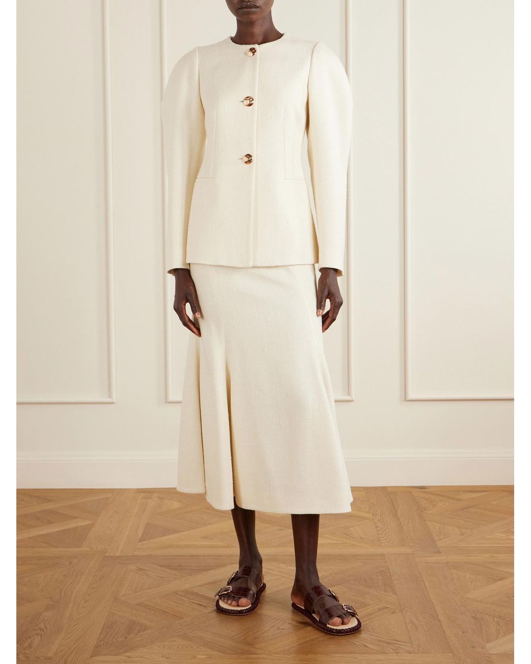 Gabriela Hearst Natural Patterson Frayed Wool And Cashmere-Blend Midi Skirt