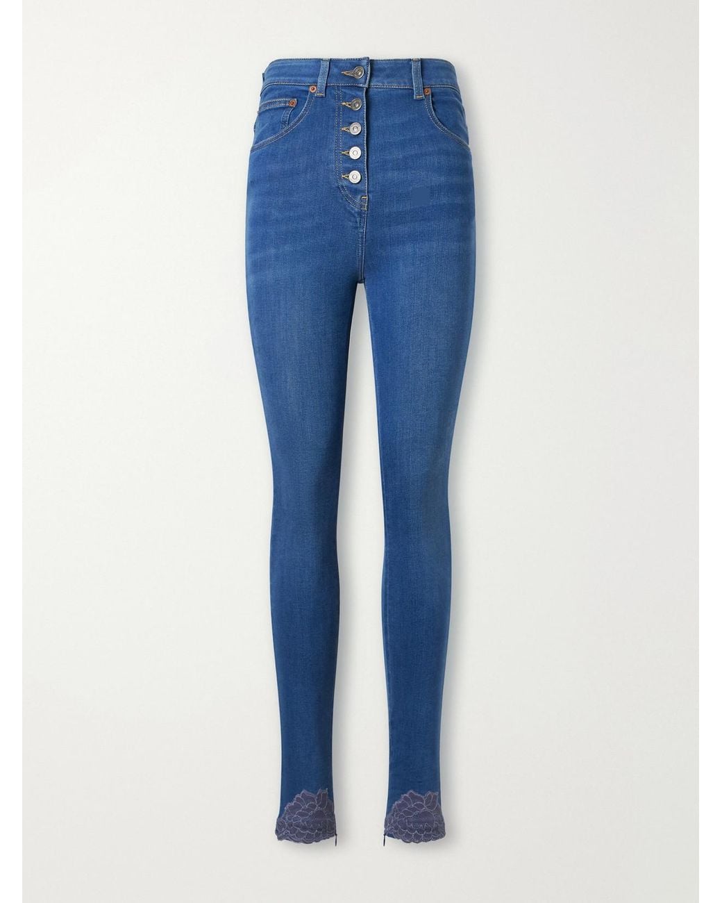 Valentino Garavani Blue Lace-Trimmed High-Rise Skinny-Leg Jeans