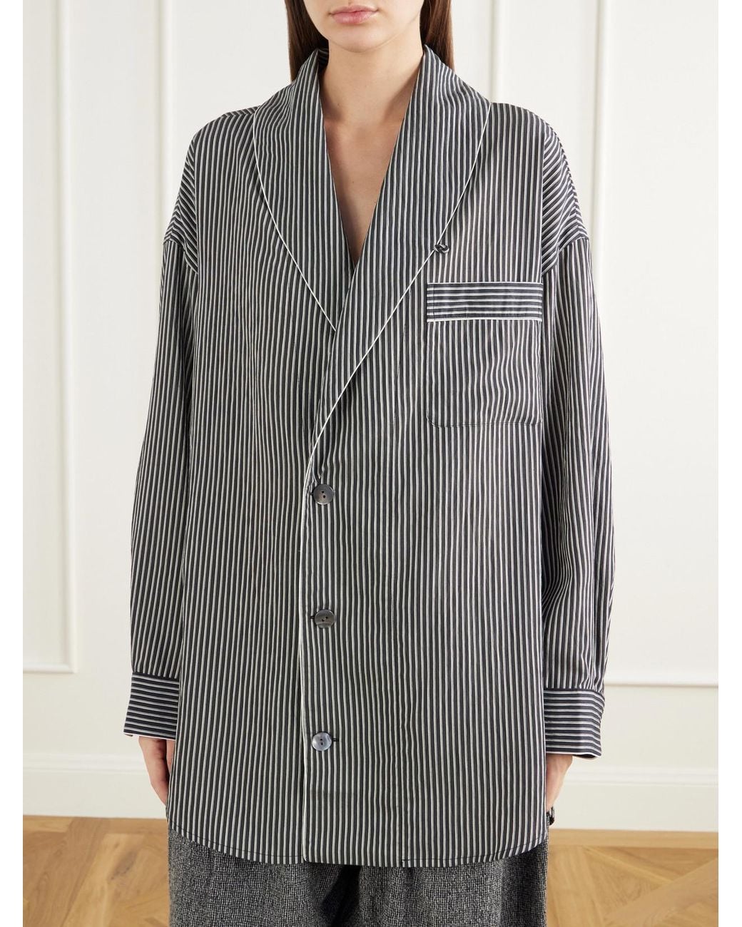 R13 Gray Shawl-Collar Striped Poplin Shirt