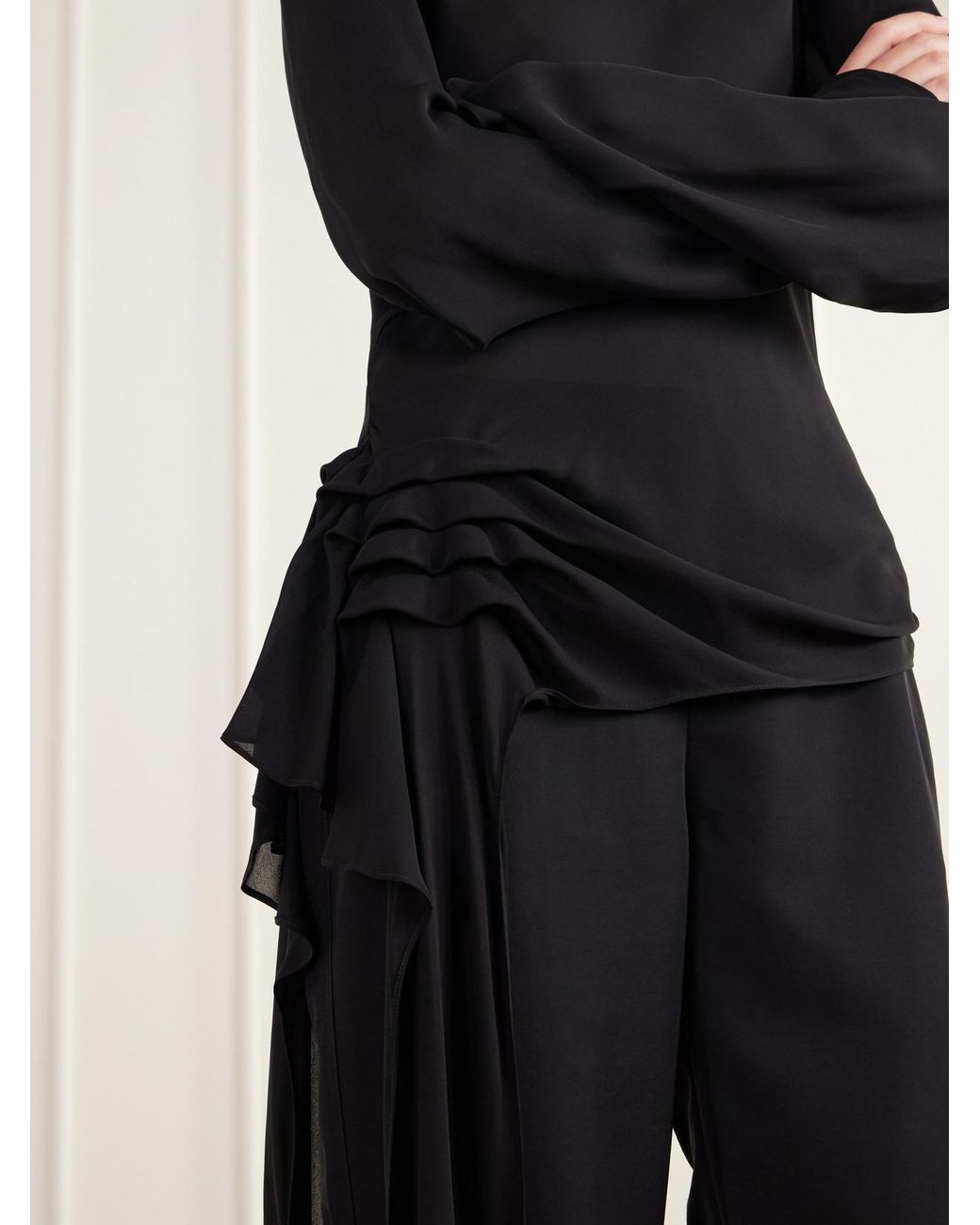 Kallmeyer Black Gathered Silk-Charmeuse Blouse