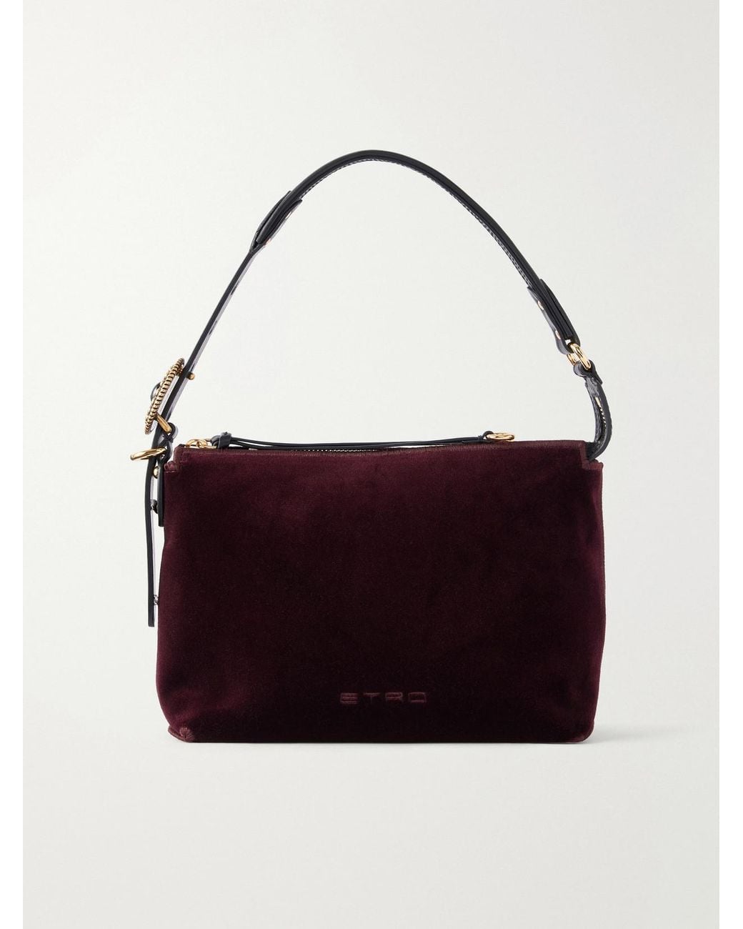 Etro Logo-Embroidered Leather-Trimmed Velvet Shoulder Bag