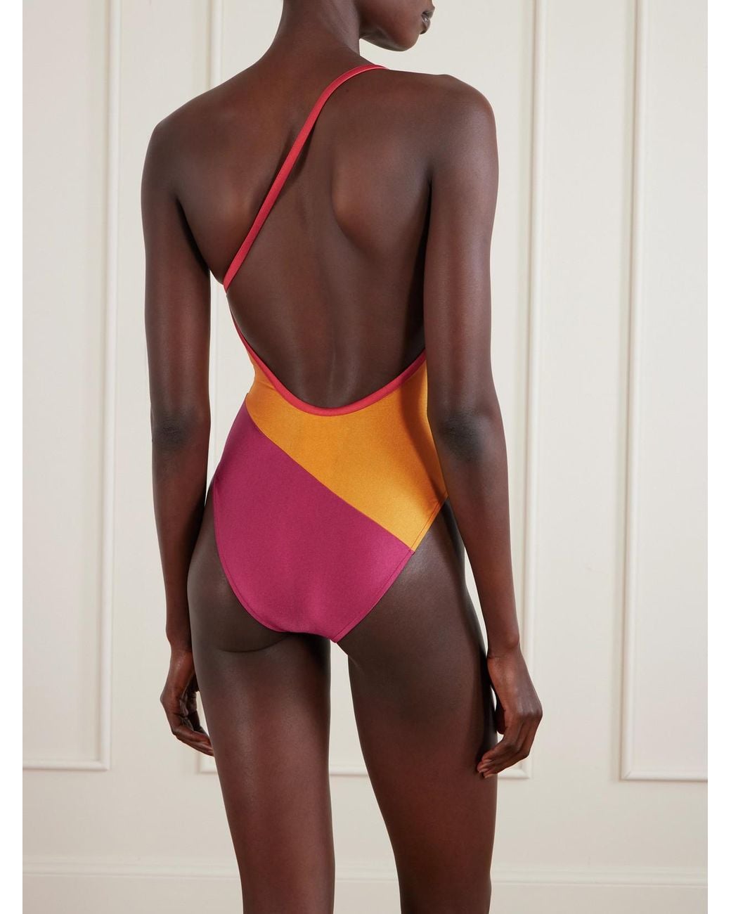 Saint Laurent Pink One-Shoulder Color-Block Swimsuit